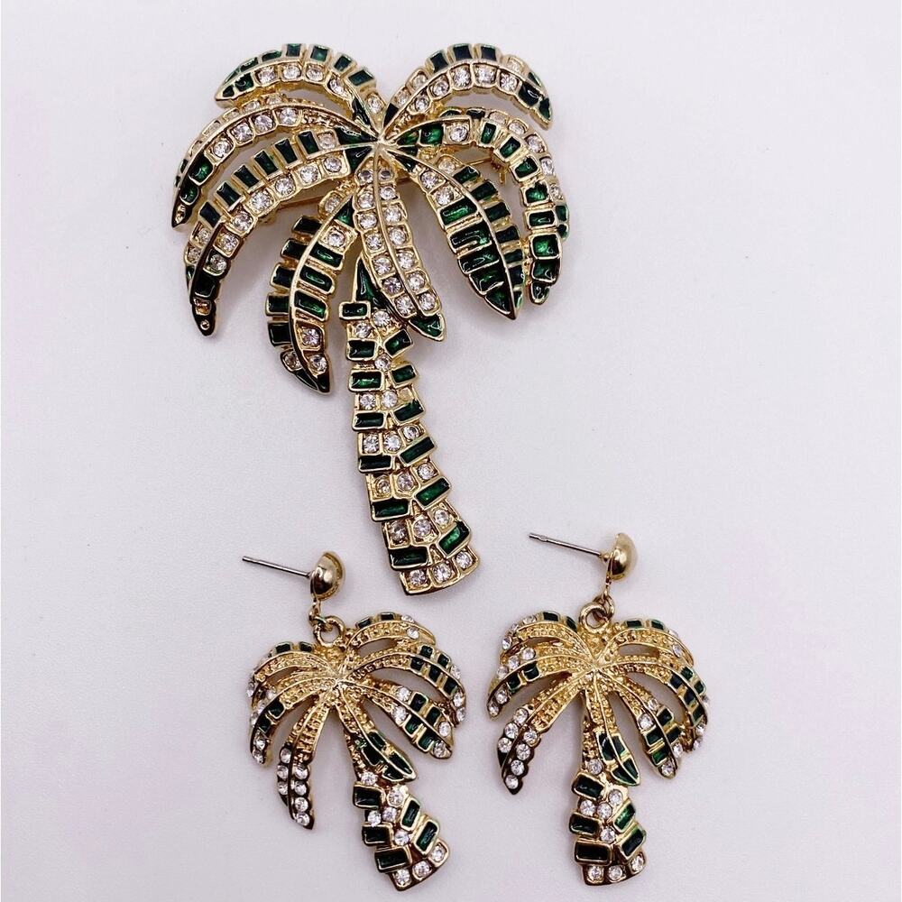 Palm Tree Rhinestones And Enamel Earrings and Brooch Set